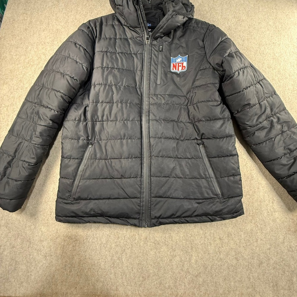 NFL Team Apparel Mens Puffer Jacket Black Hooded Full Zip Insulated Shield LogoS